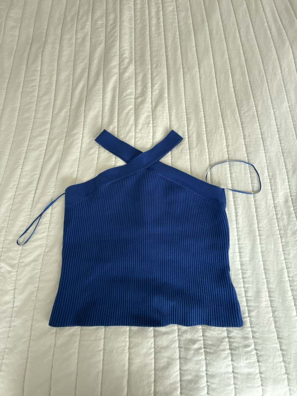 Express Ribbed Halter Tank Top Size S Blue Criss Cross Neck, fits more Large/ b